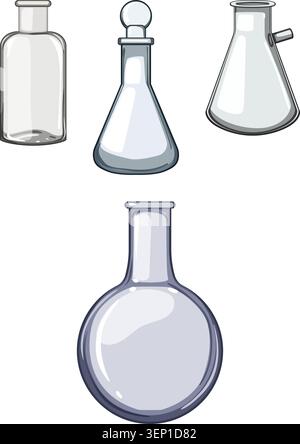 Laborglas-Set mit verschiedenen Behältern wie Kolben und Flaschen, wichtige Werkzeuge für Chemie, Forschung und wissenschaftliche Experimente Stock Vektor