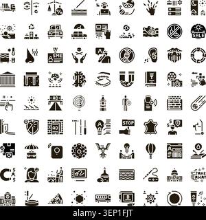 Glyphs-Sammlung mit einer breiten Palette an konzeptionellen Themen und Themen von Technologie, Wirtschaft und Gesundheit bis hin zu Natur, Lebensstil und sozialen Themen Stock Vektor