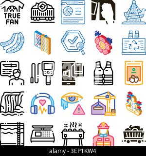 Set mit verschiedenen Piktogrammen und Web-grafischen Konzepten, darunter ein echtes Fan-T-Shirt, Zug, Datenanalyse, Bananen, Wasserfälle, Kopfhörer, und A Stock Vektor