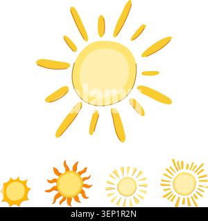 Gelbe Sonnensymbole in handgezeichnetem Cartoon-Stil, die vielfältige Wetter-, Wärme-, Licht- und Solarenergiekonzepte zeigen, fröhliche Vektorsätze von einfachem Glühen Stock Vektor