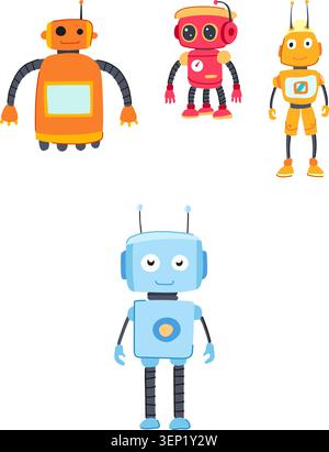Sammlung von bunten, menschenähnlichen Robotern mit verschiedenen Designs und Ausdrücken, mit freundlichen Charakteren, die künstliche Intelligenz und t verkörpern Stock Vektor