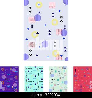 Abstraktes memphis-Muster mit einer Anordnung farbenfroher geometrischer Formen wie Kreise, Quadrate, Dreiecke und Linien, die ein Retro bilden Stock Vektor