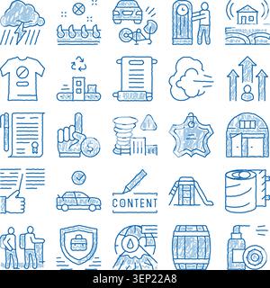Sammlung verschiedener handgezeichneter blauer Skizzensymbole, die verschiedene Konzepte in Bezug auf Risikomanagement, Versicherung, Finanzplanung, Klima usw. darstellen Stock Vektor