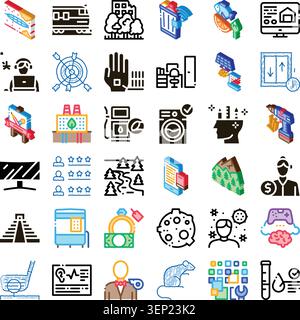 Satz moderner flacher Symbole, die Technologie, Natur, Unternehmen, Wissenschaft, intelligente Systeme und menschliche Aktivitäten für digitale, ökologische und geschäftliche Zwecke darstellen Stock Vektor