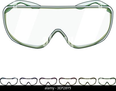 Schutzbrille mit transparenten Gläsern und stabilem Rahmen, unverzichtbare psa zum Schutz der Augen vor Spritzern, Staub und Ablagerungen in der Medizin, im Labor und in Gebäuden Stock Vektor