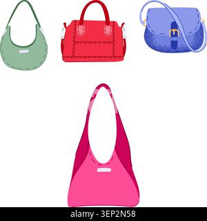 Verschiedene Handtaschen und Schultertaschen für Damen mit verschiedenen Stilen, Farben und Designs für moderne Modeaccessoires, die für den persönlichen Alltag unverzichtbar sind Stock Vektor