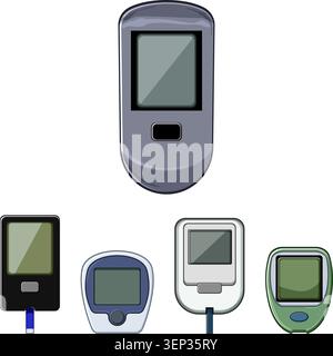 Sammlung von Blutzuckermessgeräten und Glukosemeter Designs, die moderne Handgeräte für die tägliche Diabetesüberwachung, genaue Glukosetests und zeigen Stock Vektor