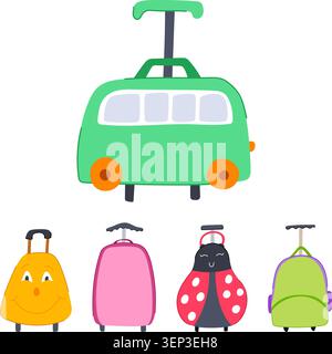 Bunte Sammlung von Reisetaschen und Koffern für Kinder, darunter ein verspielter Bus-Trolley und Charakterrucksäcke, fröhliche Designs für Familien Stock Vektor