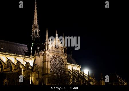 Kathedrale Notre Dame und Vollmond. Paris (Frankreich) Stockfoto