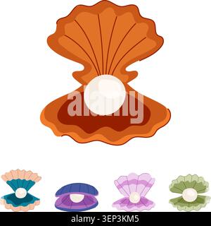 Offene Muschelschalen in verschiedenen Farben, die glitzernde weiße Perlen enthüllen, bilden eine bezaubernde Sammlung von Meeresschätzen, die Schönheit, Luxus, Stock Vektor