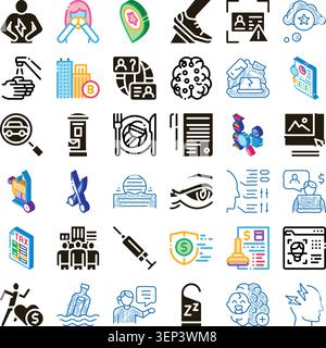 Eine Reihe verschiedener konzeptioneller Symbole, die Themen wie Gesundheitswesen, Finanzen, soziale Themen, Technologie und Alltag darstellen, verschiedene Elemente veranschaulichen Stock Vektor