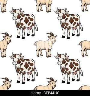 Niedliche Kuh- und Ziegenfarm Tier nahtlose Mustervektorillustration Stock Vektor