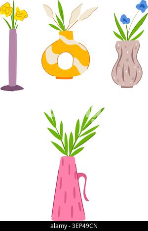 Verschiedene farbenfrohe, moderne Vasen mit verschiedenen Arten von Blumen und grünem Laub, die eine lebendige und ästhetische Darstellung des Hauses bieten Stock Vektor
