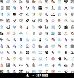 Große Sammlung von verschiedenen und farbenfrohen Linien-Icons, die Geschäfts-, Service-, Technologie-, Lifestyle- und Gesundheitskonzepte darstellen, erstellen eines Verständnisses Stock Vektor