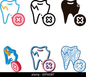 Zahnarzt Stomatologie Ungesunde Zahnvektor Symbol Zeichen Dünne Linie. Karies- und Schmutzvarianten Falzzahnlineares Piktogramm. Studentenassistenz Dental Hea Stock Vektor