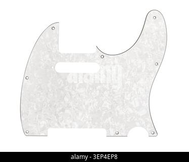 Weißer Pearloid-Gitarren-Pickguard-Weg isoliert auf weiß Stockfoto