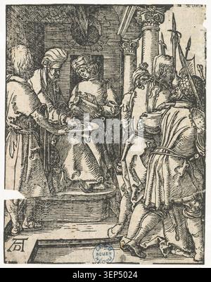 Ein Kupferstich nach Albrecht Dürer zeigt Pontius Pilatus, der seine Hände wäscht, in einer biblischen Szene, die in religiöser Drucktradition des frühen 16. Jahrhunderts dargestellt wurde und moralische Entscheidung und juristische Symbolik innerhalb der Erzählkomposition der christlichen Passion betont. Stockfoto