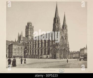 Die Westfassade der Saint-Ouen-Kirche in Rouen ist in einer detaillierten architektonischen Erhebung dokumentiert, die die westliche Seitenstruktur, den Rhythmus der Steinmauerwerke und die formale gotische Komposition betont, wie sie vom Place du Général-de-Gaulle aus in einer dokumentarischen Sicht des späten 19. Jahrhunderts aus gesehen wird. Stockfoto