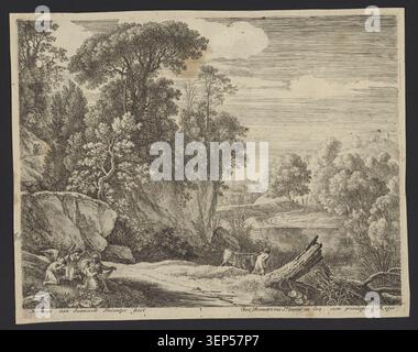 Ein Kupferstich zeigt eine Landschaftsszene der Heiligen Familie mit zwei Engeln während des Fluges nach Ägypten, die Herman van Swanevelt zugeschrieben wird, und verbindet religiöse Erzählungen mit pastoraler Landschaftskomposition in einer klassischen Gravurtradition. Stockfoto