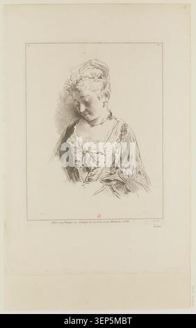 Eine Gravurfiguren-Studie aus dem Jahr 1728 zeigt eine junge Frau in Brustansicht, die zu drei Vierteln mit nach links gerichtetem Kopf gedreht wurde, graviert von Laurent Cars nach Watteau, die Teil der französischen Figuren- und Kostümstudiengänge aus dem 18. Jahrhundert ist. Stockfoto