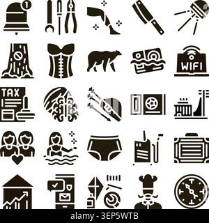 Satz von Glyphen-Symbolen, die verschiedene Konzepte veranschaulichen, darunter Business, Internettechnologie, Haushaltsgegenstände, Sport und tägliche Aktivitäten für das Internet Stock Vektor