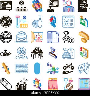 Sammlung verschiedener farbiger Linien- und Glyphensymbole, die Konzepte von Technologie, Wissenschaft, Geschäftstransaktionen, Industrieprozessen, Gesundheit, und e Stock Vektor