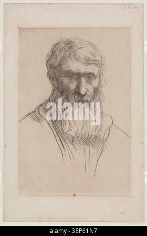 Die Gravur zeigt einen bärtigen männlichen Kopf, der 1878 von Alphonse Legros in enger Porträtstudie dargestellt wurde. Die Komposition konzentriert sich auf Gesichtszüge und Texturen, die typisch für gravierte Porträtstudien des 19. Jahrhunderts sind. Stockfoto