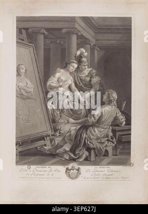 Der Stich von Antoine-Francois Dennel nach Louis-Jean-Francois Lagrenée präsentiert eine allegorische Komposition, die die Malerei zelebriert, die innerhalb der französischen akademischen Kunsttradition des 18. Jahrhunderts und des neoklassizistischen visuellen Symbolismus strukturiert ist. Stockfoto