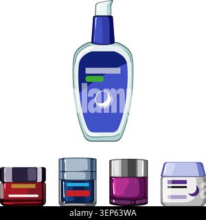 Verschiedene Flaschen und Gläser für Kosmetikprodukte in verschiedenen Farben und Formen, einschließlich einer Pumpflasche und Cremes mit einem Mondsichel-Symbol, Illustraten Stock Vektor