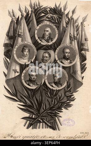 Henri IV. Und seine Nachkommen sind in einer lithographischen Familienporträtgruppe zusammengesetzt, die Bourbon-Herrscher und Erben über Generationen hinweg verbindet, darunter Ludwig XVIII., Karl X., die Herzöge von Angoulême und Berry und Marie-Thérèse Charlotte. Stockfoto