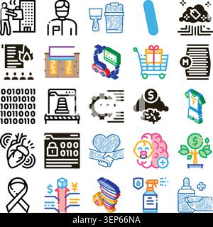 Sammlung von bunten und umrissenen Symbolen, die verschiedene Konzepte darstellen, einschließlich Wirtschaft, Technologie, Finanzen, Gesundheit, Bildung, und Industrie in a g Stock Vektor