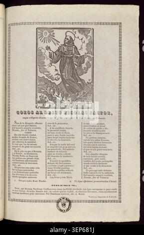 Die Gravur zeigt Andachtslieder zu Ehren des seligen Nicolas Factor, dessen Reliquien in der Pfarrkirche San Martin in Valencia ruhen, die lokale katholische Verehrungspraxis, die Seligsprechung des heiligen und die strukturierte religiöse Tradition der Pfarrgemeinde innerhalb der spanischen kirchlichen Kultur widerspiegeln. Stockfoto