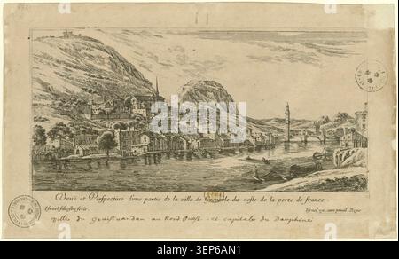 Eine gravierte Perspektive von Israel Silvestre zeigt eine detaillierte Stadtansicht von Grenoble von der Porte de France Seite, die städtische Struktur und Flusslandschaft in einer topographischen Komposition aus dem 17. Jahrhundert zeigt. Stockfoto