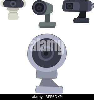 Mehrere Webkameras in einer klaren, flachen Abbildung, die wichtige Werkzeuge für Fernarbeit, Videoanrufe und Online-Meetings darstellen und digitale Verbindungen symbolisieren Stock Vektor