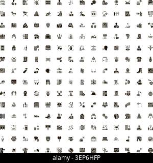 Große Sammlung verschiedener monochromer Glyphicons mit Symbolen für Unternehmen, Technologie, Finanzen, Reisen und soziale Konzepte auf weißem Hintergrund Stock Vektor