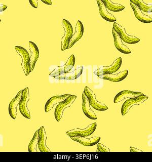 Muster Avocadogrün Hand gezeichneter Vektor. Lebensmittel frisch, Gemüseschnitt, biologisch exotisch, reife halbe Zutat, gesund natürlich, rohe, fruchtige Avocado-grüne SK Stock Vektor