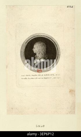 Louis Charles, Dauphin und Sohn von Ludwig XVI., geboren 1785 in Versailles und gestorben 1795 im Tempel, erscheint in einem Medaillon-Porträtstich, der 1798 in einer Serie von königlichen und revolutionären Porträts ausgestellt wurde. Stockfoto
