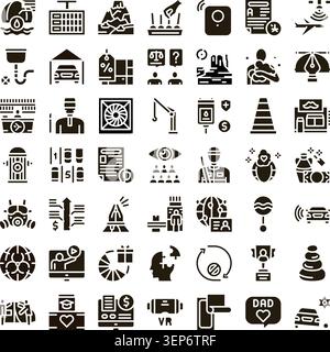 Vielfältige Sammlung von Glyphen-Symbolen, die verschiedene Dienste, Geschäftskonzepte, Technologien und gängige Objekte darstellen, nützlich für Grafikdesign, Web und Stock Vektor