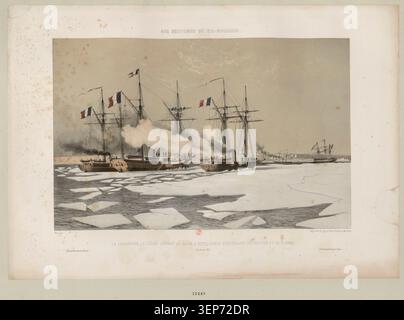 Eine Marinestruktur zeigt Schiffe, die während des Krimkrieges durch gefrorene Meere durchschnitten, und zeigt eisgebundene Gewässer und Rettungseinsätze für gestrandete Schiffe unter rauen Winterbedingungen in Europa Mitte des 19. Jahrhunderts. Stockfoto