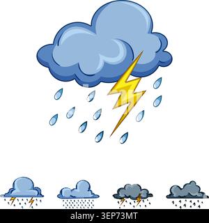 Sammlung einfacher Wettersymbole, die Wolken mit Regen, starke Regengüsse und Blitzeinschläge zeigen, Meteorologiesymbole im Vektorstil für Prognosen, ap Stock Vektor