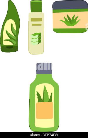 Aloe Vera Hautpflegeset mit Tube, Becher und Flaschen auf weißem Hintergrund, das natürliche, pflanzliche Beauty- und Wellness-Produkte für das Gesicht hervorhebt Stock Vektor