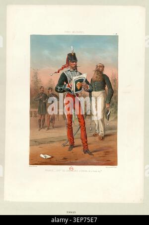 Lithografie stellt den Offizier der Chasseurs à Cheval der Kaiserlichen Garde in der Militäruniform des Zweiten Reiches in der visuellen Dokumentation der französischen Kavallerie vor. Stockfoto