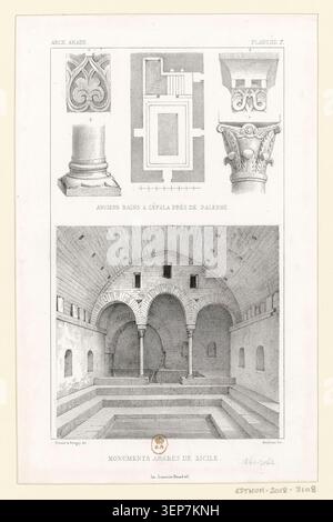 Gravur zeichnet die antiken arabischen Bäder in Cefalù bei Palermo auf Sizilien auf, die 1840 für Girault de Prangey's Architekturstudie über arabische und maurische Gebäude in Spanien, Sizilien und Nordafrika hergestellt wurden. Stockfoto