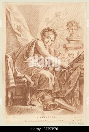 Ein Kupferstich nach Francois Boucher mit dem Titel „La Peinture“ zeigt eine allegorische Darstellung der Malerei, die die in einer französischen Dekorationskomposition aus dem 18. Jahrhundert personifizierte Kunst zeigt, die in einen Kupferstich von Demarteau übersetzt wurde. Stockfoto
