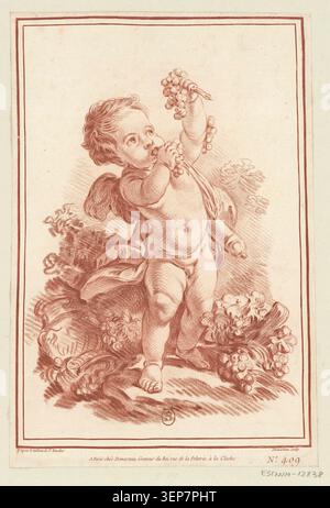 Cupid hält Trauben in einer mythologischen Rokoko-Komposition, die von Francois Bouchers Gemälde abgeleitet und von Demarteau in einen Gravur übersetzt wurde, die eine Allegorie der Liebe und des Überflusses durch klassische Bildsprache in der französischen dekorativen Kunst des 18. Jahrhunderts präsentiert. Stockfoto