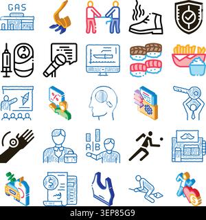 Doodle-Stil-Symbol-Set, das Alltag, Dienstleistungen, Körperpflege, Bildung, Essen, Sport-, Geschäfts-, Sicherheits- und Gesundheitskonzepte in sauberer Linie Stock Vektor