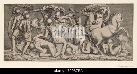 Léon Davent produziert 1547 einen Gravur im Fontainebleau School Cycle, der die Schlacht zwischen Griechen und Amazonen als klassische mythologische Kampfszene in der Renaissance-Hofdruckkultur darstellt. Stockfoto