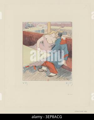 Eine Lithografie von Henri-Gabriel Ibels aus dem Jahr 1895 zeigt eine Café-Innenszene, in der sich ein Paar umarmt und küsst, und spiegelt das Pariser Café-Leben und die galante soziale Interaktion in illustrierten Werken des späten 19. Jahrhunderts und illustrierten sozialen Beobachtungen wider. Stockfoto