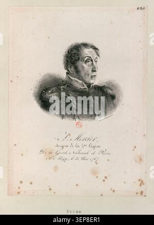 A. Mercier, Sergeant der 4. Legion der Pariser Nationalgarde, geboren am 31. Mai 1767 in Mézy, wird in einer formellen Lithografie zur militärischen Identifikation vorgestellt, die 1823 erstellt wurde und uniformierte Zivildienste innerhalb des postnapoleonischen Frankreich zeigt. Stockfoto