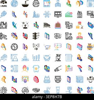Verschiedene isometrische Symbole und Liniensymbole für Lifestyle, Business, Gesundheit, Bildung, Finanzen und Technologie für Web- und App-Schnittstellen, ui-Kits und Stock Vektor